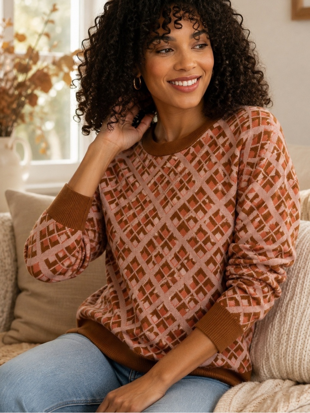 A New Day Geometric Diamond Crewneck Sweater Brown Pink Medium